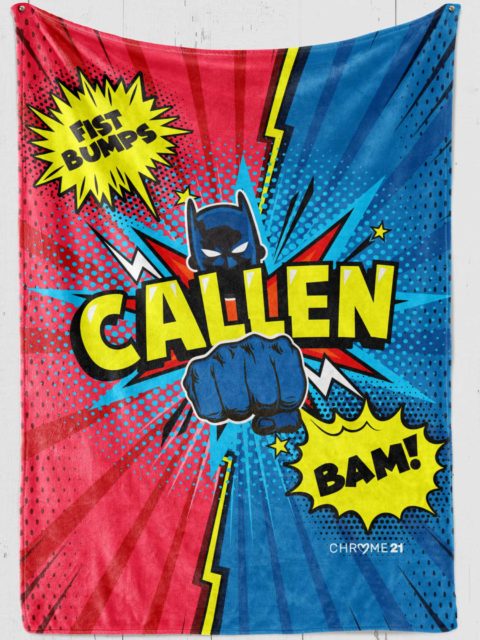 custom blanket for boys on red and blue plush fleece with super hero fist and text bubbles 'fist bumps' and 'bam!' and child's [name]