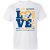 World Down Syndrome day t-shirt white with blue and yellow text 'live, love, advocate. 3-21 WDSD. World Down Syndrome Day. I love someone with a little extra'