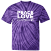 purple tie-dye down syndrome awareness shirt with white text 'peace love chrome21'
