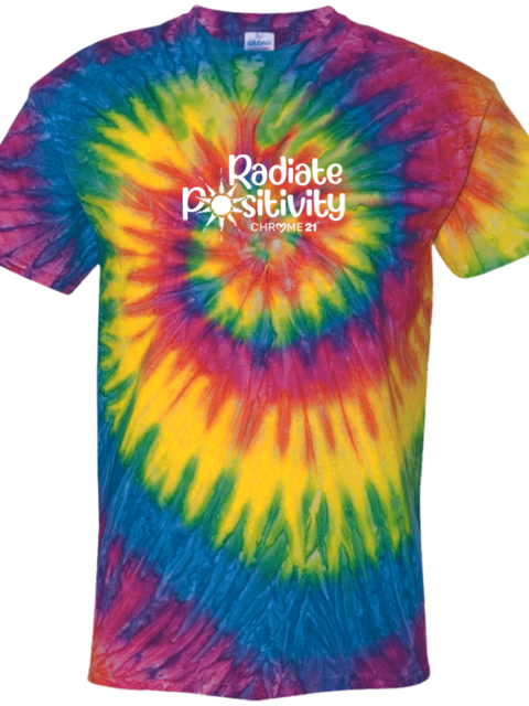 rainbow tie dye men's women's adult unisex down syndrome shirt with white text 'radiate positivity'