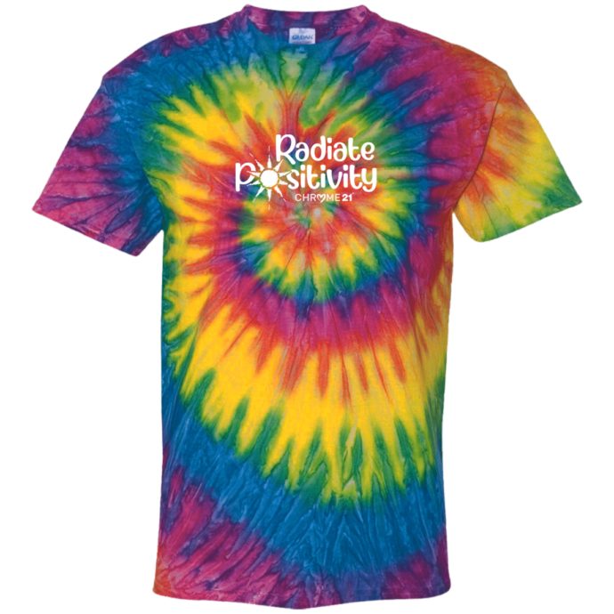 rainbow tie dye men's women's adult unisex down syndrome shirt with white text 'radiate positivity'