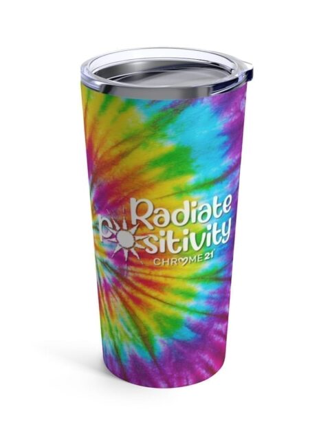 rainbow tie dye tumbler travel mug with white text 'radiate positivity' for down syndrome awareness