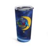 Blue galaxy print tumbler travel mug with yellow moon and colorful text 'I love someone with autism to the moon and back' for Autism Awareness