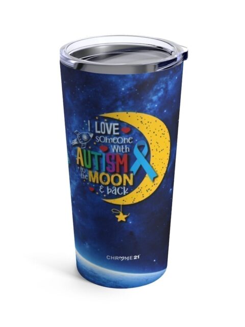 Blue galaxy print tumbler travel mug with yellow moon and colorful text 'I love someone with autism to the moon and back' for Autism Awareness