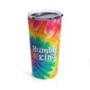rainbow tie dye travel mug tumbler with white text 'Humble & Kind' for down syndrome awareness