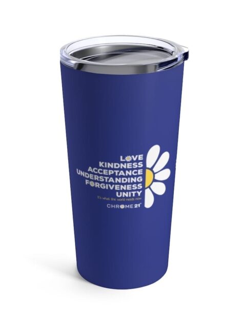 blue tumbler travel mug with white and yellow daisy and white and yellow text 'Love, kindness, acceptance, understanding, forgiveness, unity. It's what the world needs now' for world peace