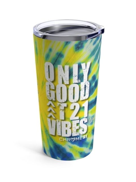 blue and yellow tie-dye travel mug tumbler with white text 'Only good T21 Vibes' for down syndrome awareness