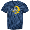 Men's Down syndrome awareness shirt blue tie dye with yellow moon and white and yellow text 'I love someone with down syndrome to the moon and back'