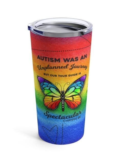 rainbow tumbler travel mug with rainbow butterfly and black text 'Autism was an unplanned journey, but our tour guide is spectacular' for autism awareness