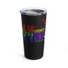 black tumbler travel mug with colorful text 'Being (extra)ordinary is in my DNA' for down syndrome awareness