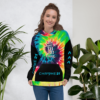 Down Syndrome Awareness hoodi with custom graphics of tye-die and black arms and pocket with arrows and workds