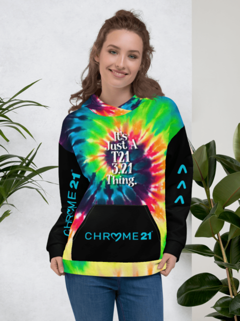 Down Syndrome Awareness hoodi with custom graphics of tye-die and black arms and pocket with arrows and workds