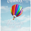 personalized plush baby blanket minky with cloudy sky and hot air balloon and text '[name], adventure is out there'