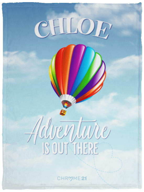 personalized plush baby blanket minky with cloudy sky and hot air balloon and text '[name], adventure is out there'