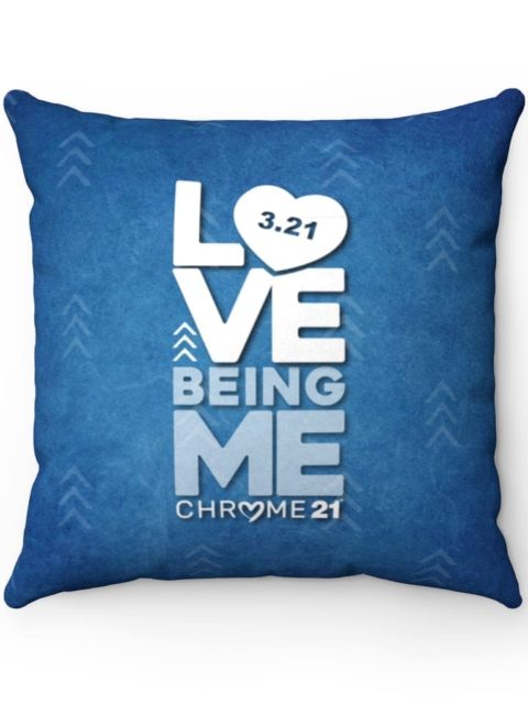 blue down syndrome awareness pillow with white and light blue text 'love being me' 3.21