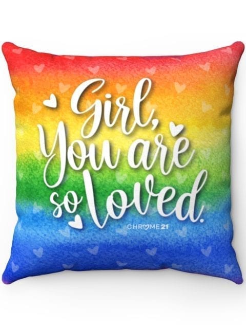 rainbow pillow with white text 'girl you are so loved' for down syndrome
