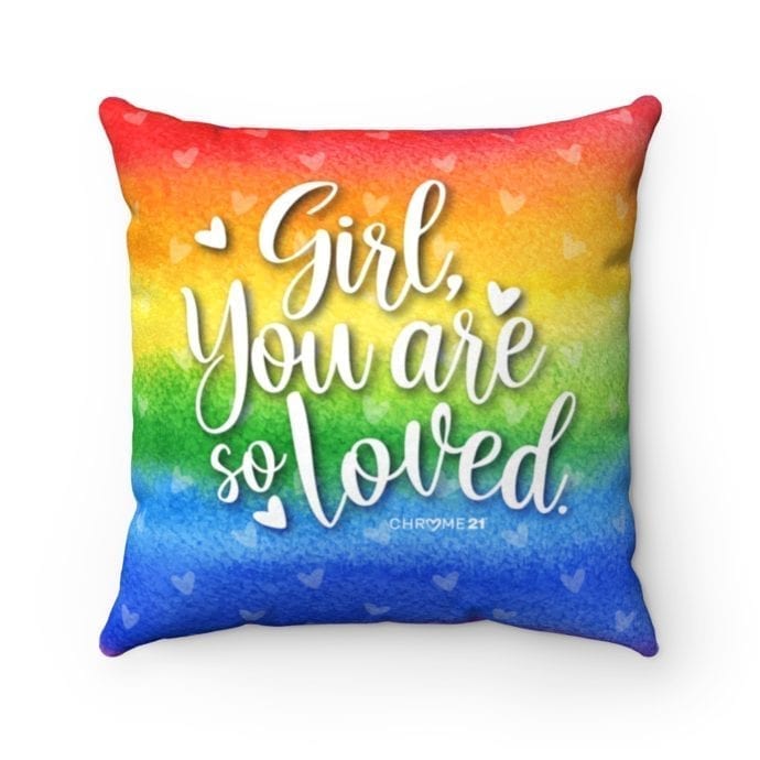 rainbow pillow with white text 'girl you are so loved' for down syndrome