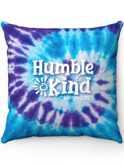 blue and purple tie-dye pillow with white text 'humble and kind'