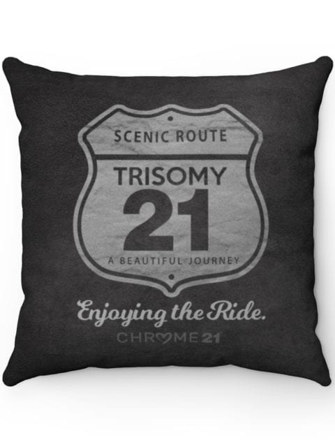 black down syndrome awareness pillow with white road sign and text 'scenic route trisomy 21 enjoying the ride'