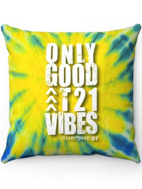 down syndrome awareness blue and yellow tie dye pillow with white text 'only good t21 vibes'