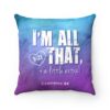 Blue and purple down syndrome awareness pillow with white text 'I'm all that + a little extra'