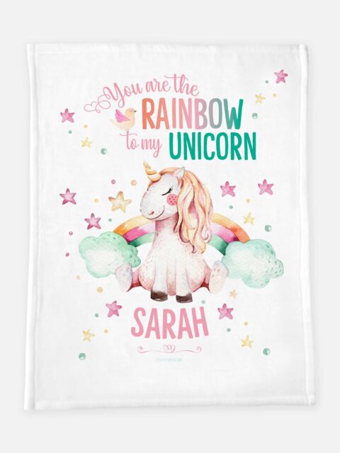 Personalized Unicorn Minky Blanket white with unicorn and text 'you are the rainbow to my unicorn, [name]'