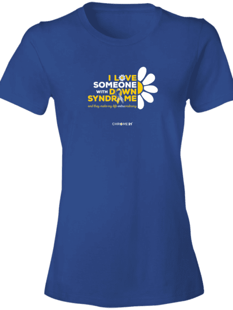 blue women's down syndrome awareness t-shirt with white and yellow daisy and white and yellow text 'I love someone with down syndrome'