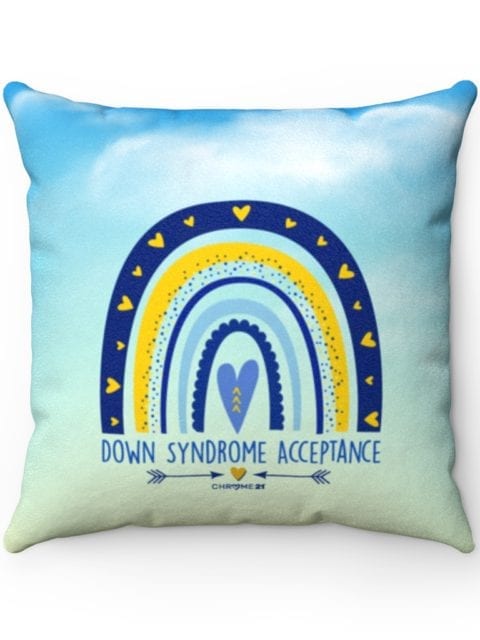 down syndrome acceptance pillow blue cloudy sky with blue and yellow rainbow and text 'down syndrome acceptance'