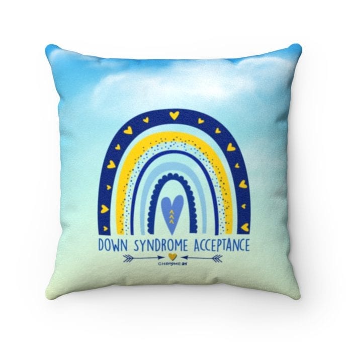 down syndrome acceptance pillow blue cloudy sky with blue and yellow rainbow and text 'down syndrome acceptance'