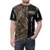 Down syndrome Awareness Shirt with black bar and camo pattern, arrows and Awareness Ribbon that says October is Down Syndrome Awareness Month