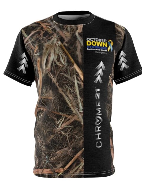 Down Syndrome Awareness shirt camo with black and camo pattern with awareness ribbon and words 'October is Down Syndrome Awareness Month'