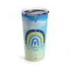 down syndrome awareness travel mug tumbler blue cloudy sky with blue and yellow rainbow and text 'down syndrome acceptance'