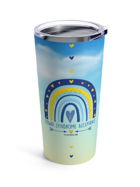 down syndrome awareness travel mug tumbler blue cloudy sky with blue and yellow rainbow and text 'down syndrome acceptance'