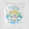 Personalized Down syndrome unicorn plush fleece blanket with Rainbow and blue text '[name] You are the rainbow to my unicorn'