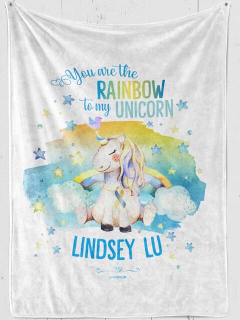Personalized Down syndrome unicorn plush fleece blanket with Rainbow and blue text '[name] You are the rainbow to my unicorn'