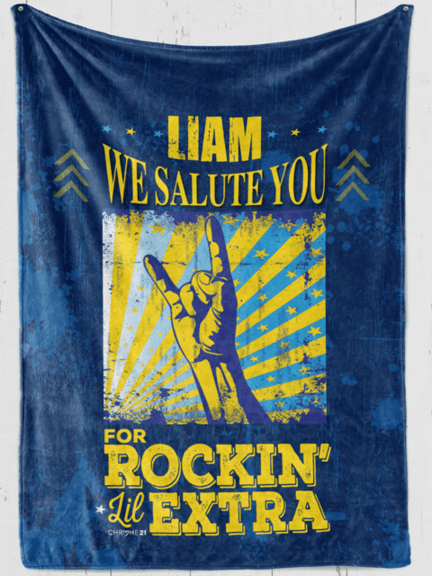 custom Down Syndrome Blanket blue plush with yellow text '[name] we salute you for rockin' lil extra'