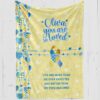 personalized down syndrome girl's blanket, yellow plush with blue hearts and down syndrome awareness ribbon and blue text '[girl's name] you are so loved, you are more than we ever expected and better than we ever imagined'