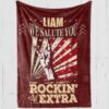 Personalized down syndrome awareness blanket burgundy plush with hand making the rock n roll symbol and text "Rockin' lil Extra"