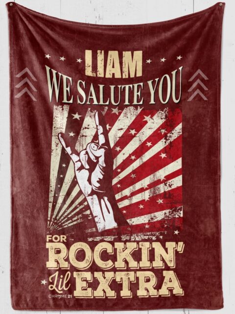 Personalized down syndrome awareness blanket burgundy plush with hand making the rock n roll symbol and text "Rockin' lil Extra"