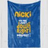 blue plush personalized down syndrome blanket with white and yellow text '[insert child's name] you are just down right perfect'