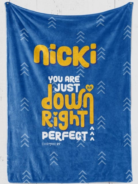 blue plush personalized down syndrome blanket with white and yellow text '[insert child's name] you are just down right perfect'