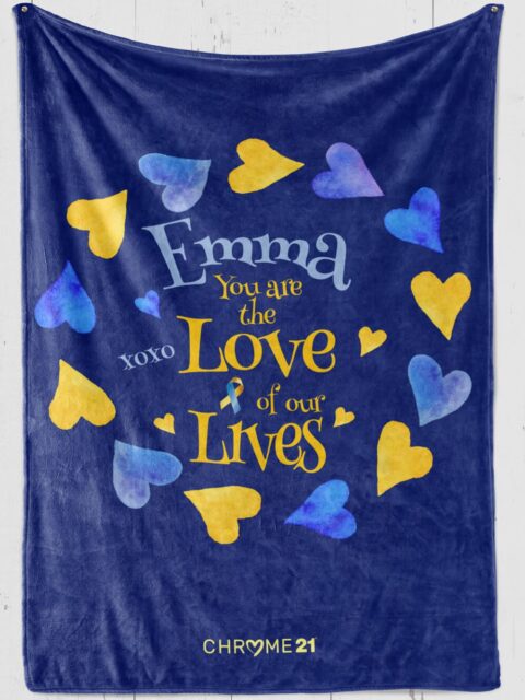 Custom blanket for Down Syndrome Awareness on blue plush fleece with yellow and blue hearts and yellow and blue text '[name] you are the love of our lives'