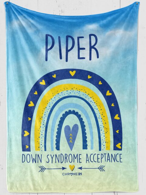 Personalized Down syndrome awareness acceptance blanket Blue and Yellow plush fleece with blue and yellow Rainbow with blue text '[name] Down Syndrome acceptance'
