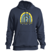 black down syndrome awareness and acceptance hoodie with blue and yellow rainbow and yellow text 'down syndrome acceptance'