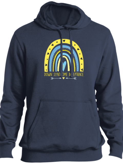black down syndrome awareness and acceptance hoodie with blue and yellow rainbow and yellow text 'down syndrome acceptance'