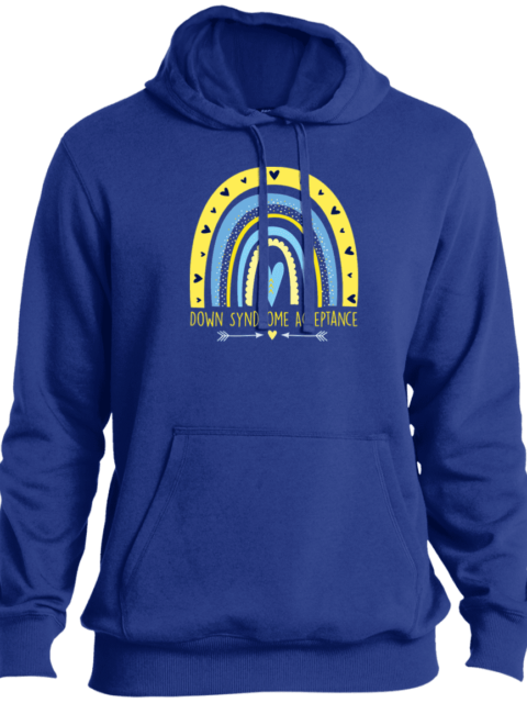 blue down syndrome awareness and acceptance hoodie sweatshirt with yellow and blue rainbow and yellow text 'down syndrome acceptance'