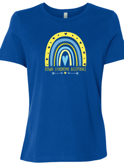 blue down syndrome awareness and acceptance shirt with blue and yellow rainbow and text 'down syndrome acceptance'