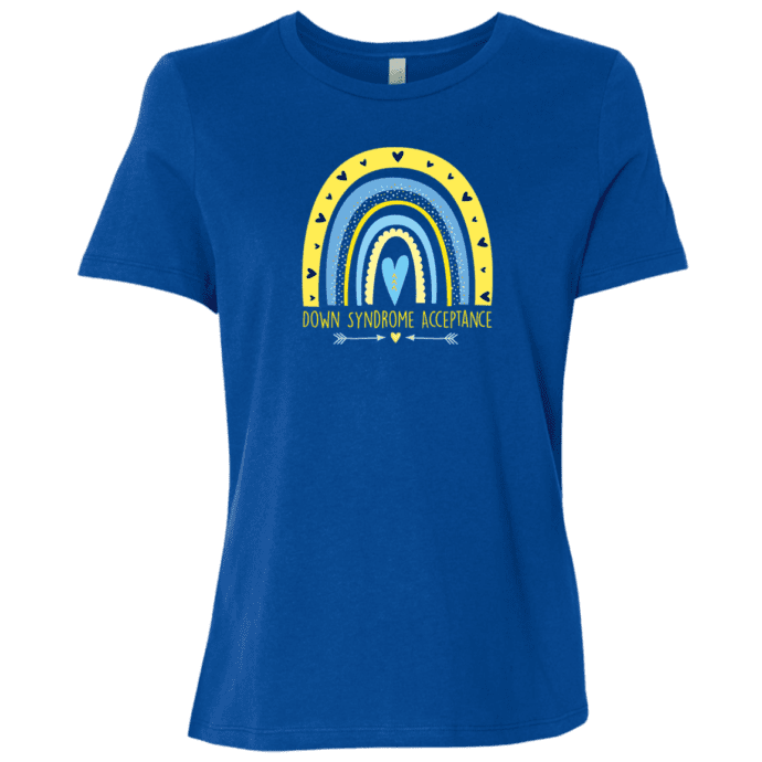 blue down syndrome awareness and acceptance shirt with blue and yellow rainbow and text 'down syndrome acceptance'