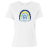 down syndrome acceptance t-shirt white with blue and yellow rainbow and blue text 'down syndrome acceptance'