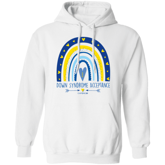 down syndrome acceptance hoodie white with blue and yellow rainbow and text 'down syndrome acceptance'